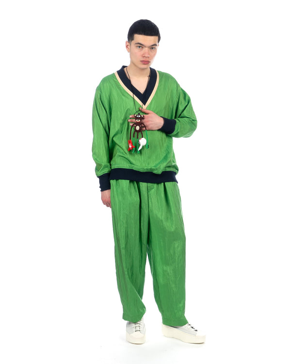 Haversack | Silk Taffeta Wide Tapered Easy Pants Green - Concrete