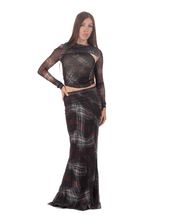 OTTOLINGER | Mesh Mermaid Skirt Warped Tartan Red