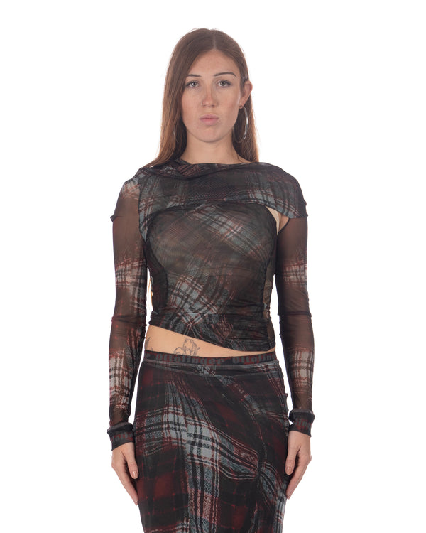 OTTOLINGER | Mesh Twisted LS Top Warped Tartan Red