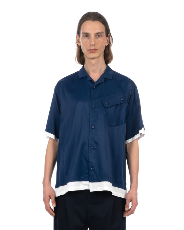 White Mountaineering | Satin Open Collar Shirt Blue - Concrete