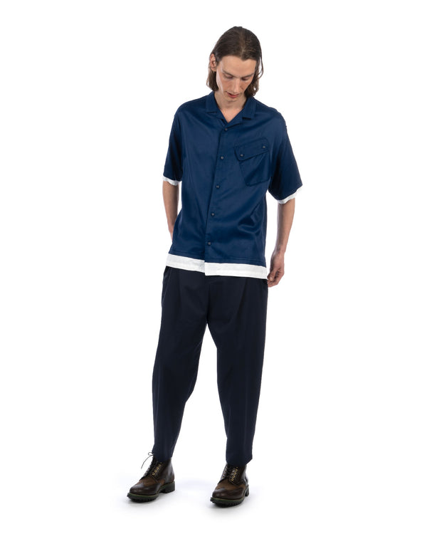 White Mountaineering | Satin Open Collar Shirt Blue - Concrete