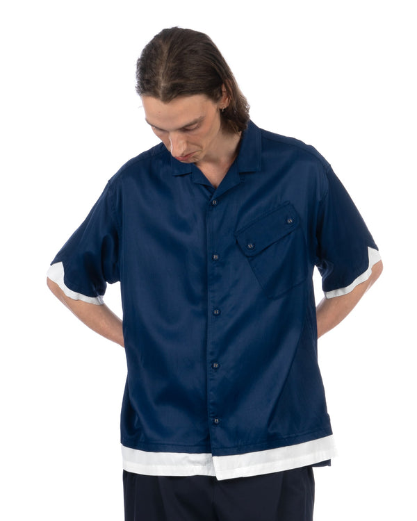 White Mountaineering | Satin Open Collar Shirt Blue - Concrete