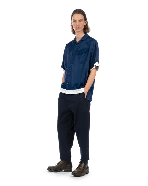 White Mountaineering | Satin Open Collar Shirt Blue - Concrete