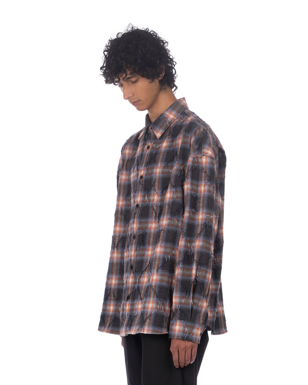juun.j | Argyle Needle-Fringed Check Shirt Blue - Concrete