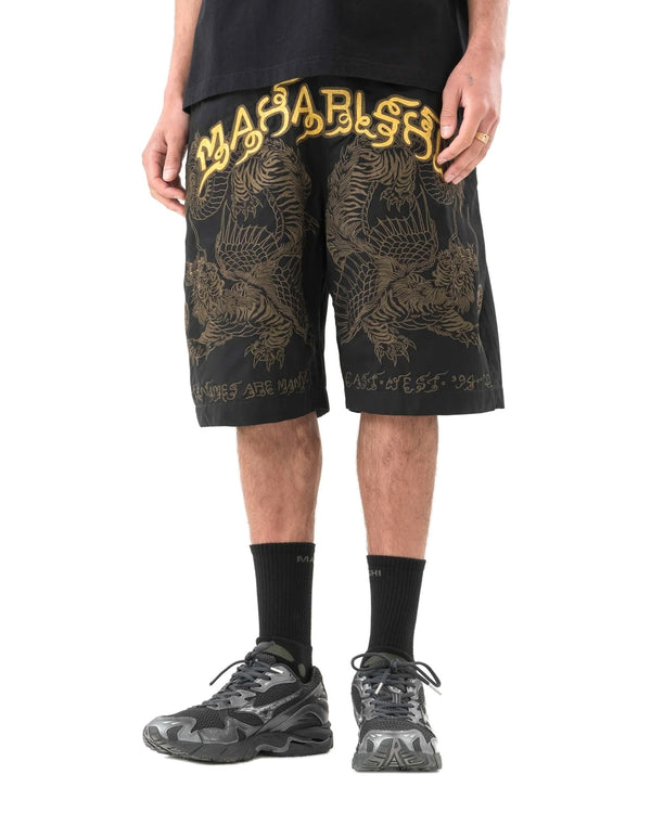 maharishi | 6093 Muay Thai Tiger Dragon Track Shorts Black - Concrete