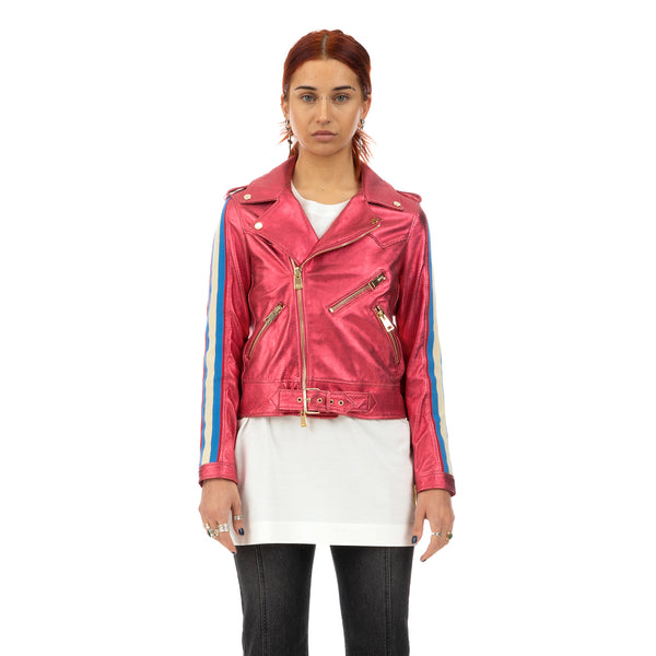 CocoCloude | Nail Perforated w/ Bands Leather Jacket Strawberry Red - Concrete