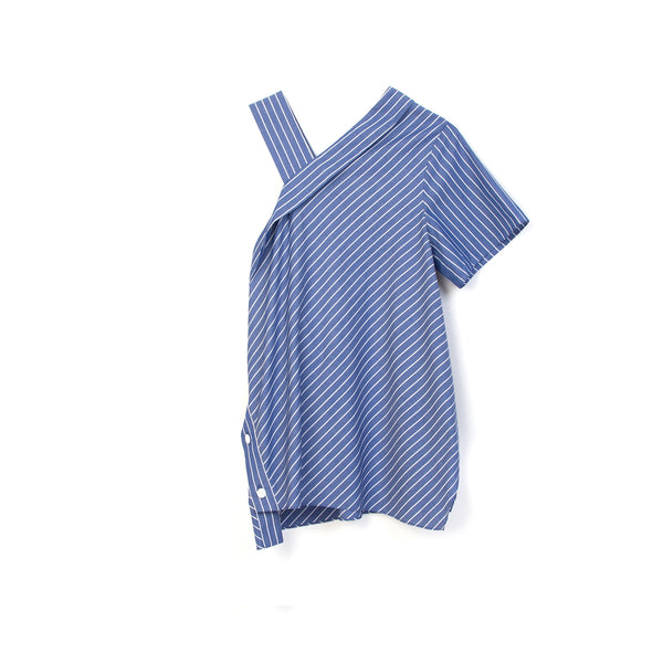 SJYP | Stripe One Shoulder Off Blouse Ocean Blue - Concrete